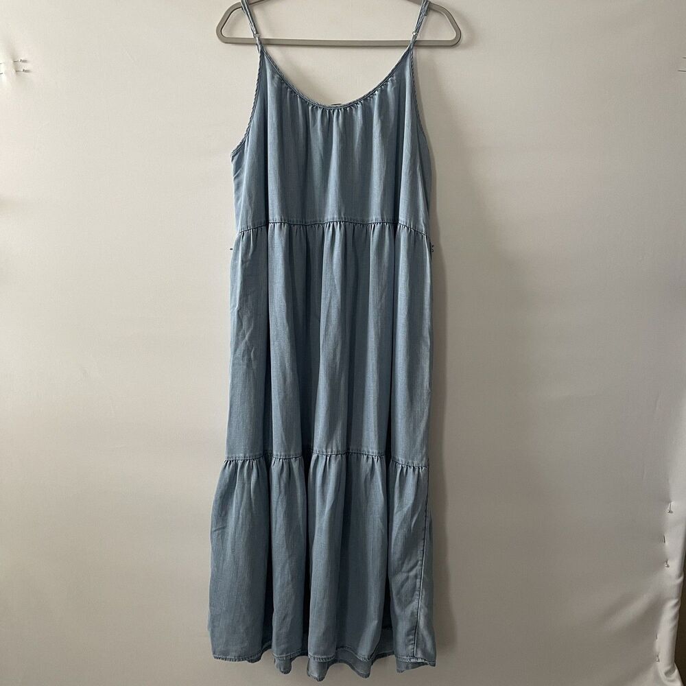 LOFT Tiered Dress Sleeveless Blue Chambray Women's Size L - Picture 9 of 11